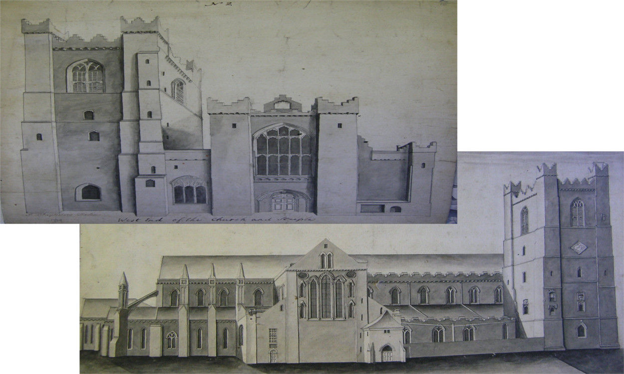 Top - RCB Library C2.4.1.7: Drawing of the west end and steeple by J Blaymires; Bottom - RCB Library C2.4.1.6: Drawing of the north prospect of St Patrick's By J Blaymires