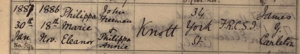 The baptism record for Eleanor Knott, RCB Library P45.02.18