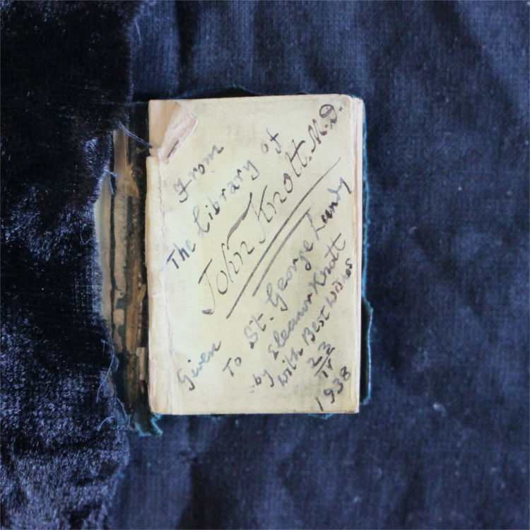 The inscription on the Bible from Eleanor Knott to St George Lundy, April 23 1938. Above this we can see the provenance of the item where it states: 'From the Library of John Knott M.D.'