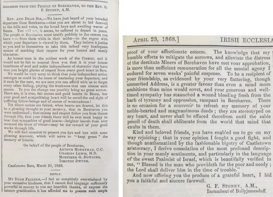 Left - Address from the people of Berehaven, Irish Ecclesiastical Gazette, 23 April 1868; Right - Revd Stoney's response to the people of Berehaven, Irish Ecclesiastical Gazette, 23 April 1868