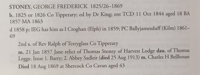 Biographical details of the Revd G.F. Stoney in Clergy of Kilmore, Elphin and Ardagh