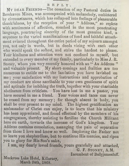 Revd Stoney's response to his mining parishioners, Irish Ecclesiastical Gazette, 23 Apr. 1868