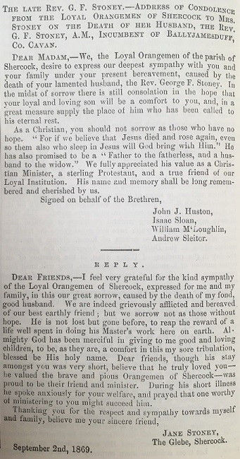 Address from ‘The Loyal Orangemen of Shercock' to Mrs Jane Stoney, and her response, Irish Ecclesiastical Gazette, 22 September 1869.