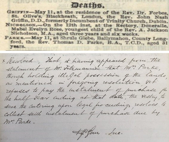 Top: Irish Ecclesiastical Gazette, 20 May 1882. Bottom: Select Vestry Minutes, Shrule, 08 September 1882. RCB Library, P1/5/2.
