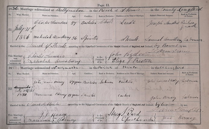 Marriage Register, Shrule marriage register  covering events in July 1886 and 1890. RCB Library P1/3/1