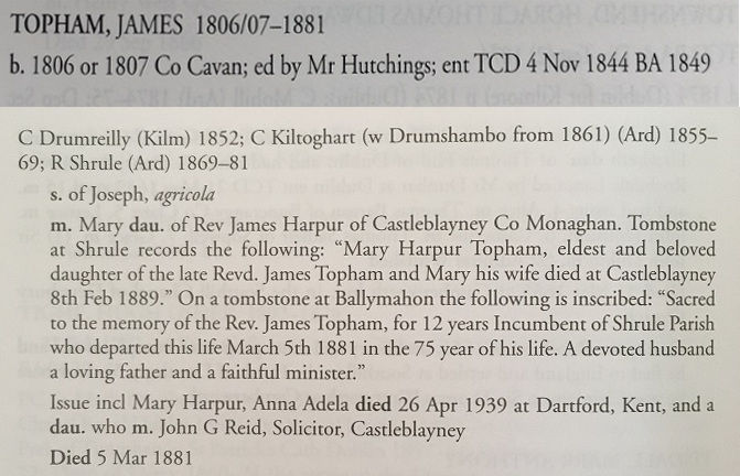 Entry for the Revd James Topman, rector of Shrule 1869-81, in Leslie's, Clergy of Kilmore, Elphin and Ardagh, edited by Canon David Crooks.