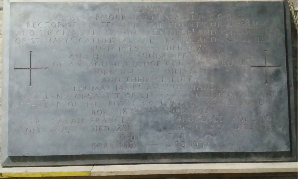 Memorial plaque to John Armour Haydn Snr (1845-1920) in St Mary's Cathedral, Limerick. Image courtesy of Philip Talbot