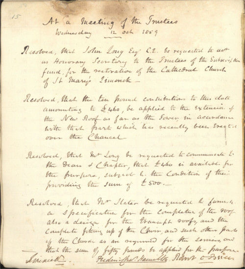 Early resolutions of the Trustees of the restoration project, as agreed on 12 October 1859, RCB Library Ms1048