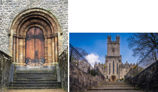 Romanesque portal (left) and view of the 14th-century tower (right) of St Mary's Cathedral, Limerick. Image courtesy of the Very Revd Niall Sloane, Dean of Limerick