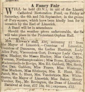 Notice of the Fancy Fair held in September 1860 which raised further modest funds towards the restoration, RCB Library Ms 1048