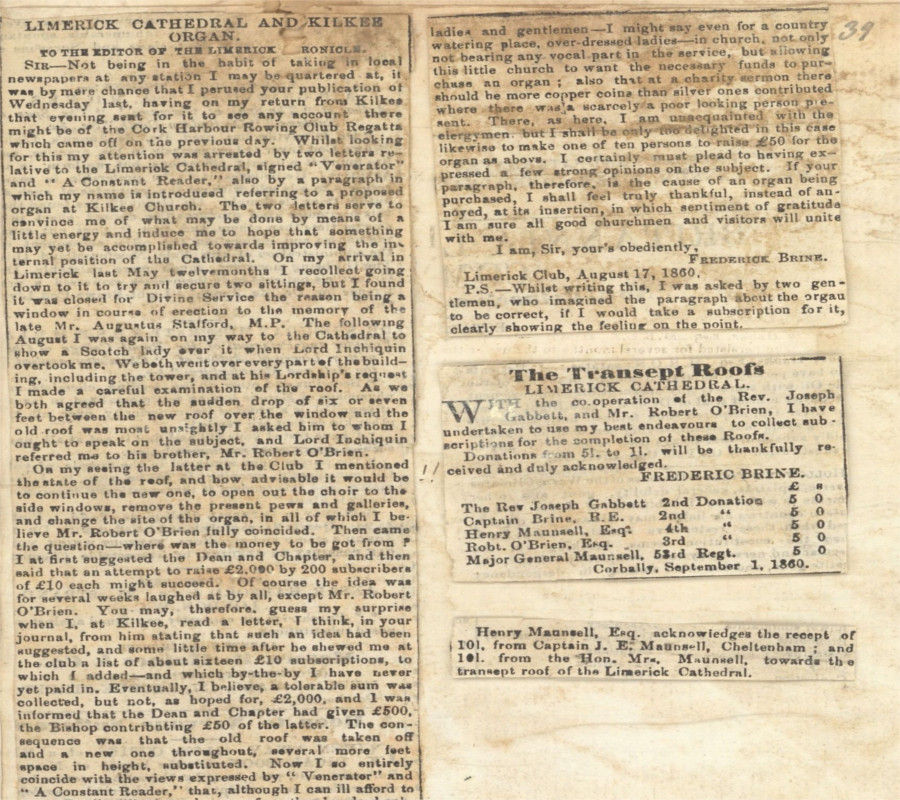 The volume also brings to light otherwise hidden contemporary press coverage of the restoration, such as the letter of Captain Frederick Brine, as published in the Limerick Chronicle, 17 August 1860, RCB Library Ms 1048
