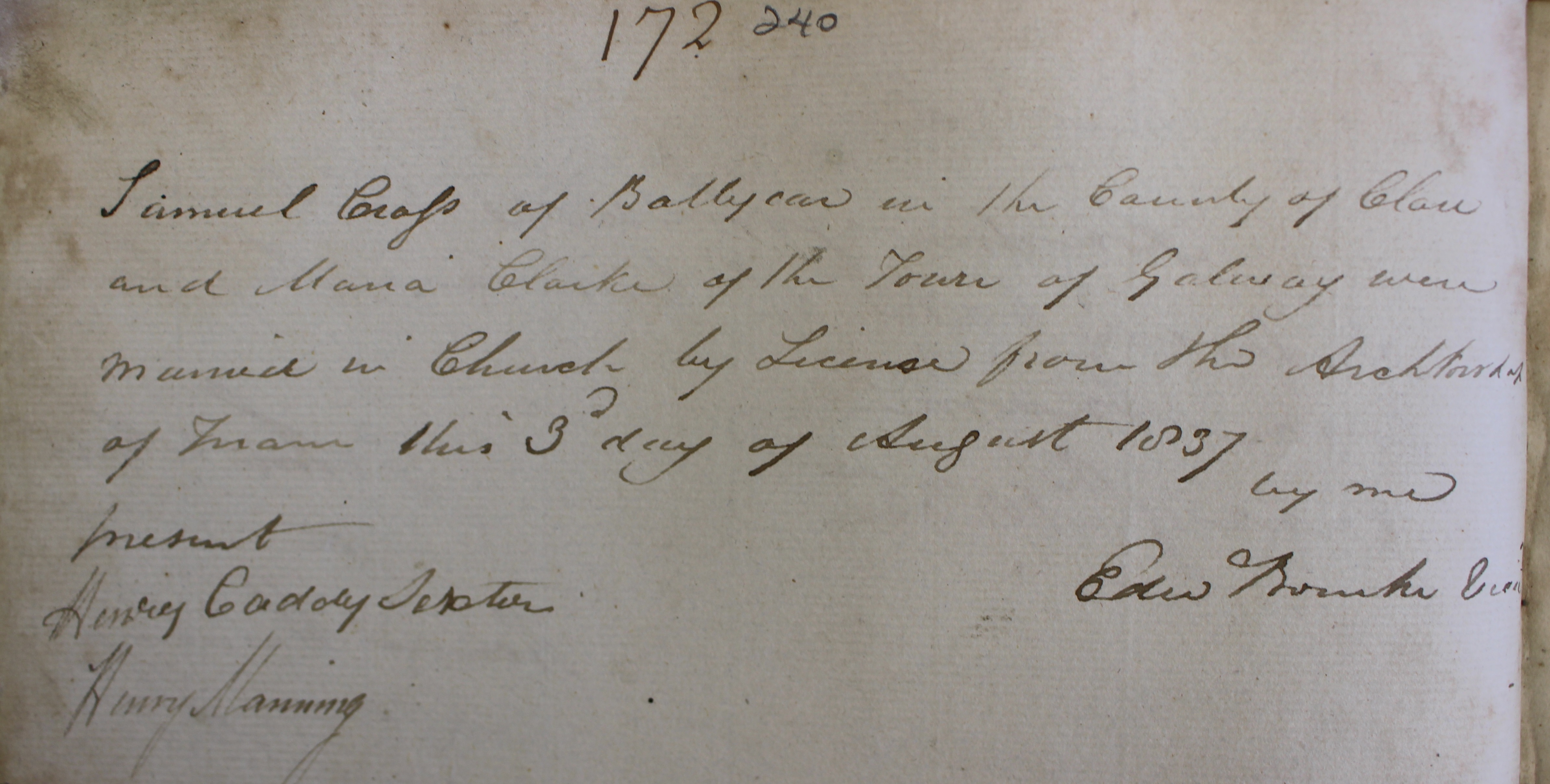 This marriage entry in the combined register, recording the marriage of Samuel Cross and Maria Clarke, on 3 August 1837 by Revd Bourke. The event was witness by Henry Caddy in his role as Sexton. RCB Library P519.01.1, reproduced with the permission of the Director of the National Archives.