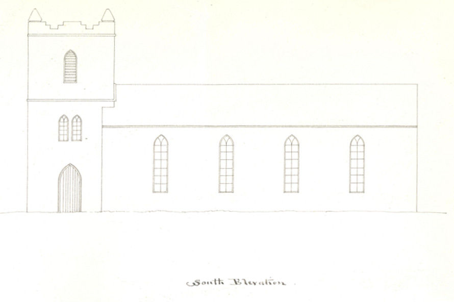Architectural drawing of Ettagh Church, south elevation by James Pain. RCB Library, MS138/4/21.
