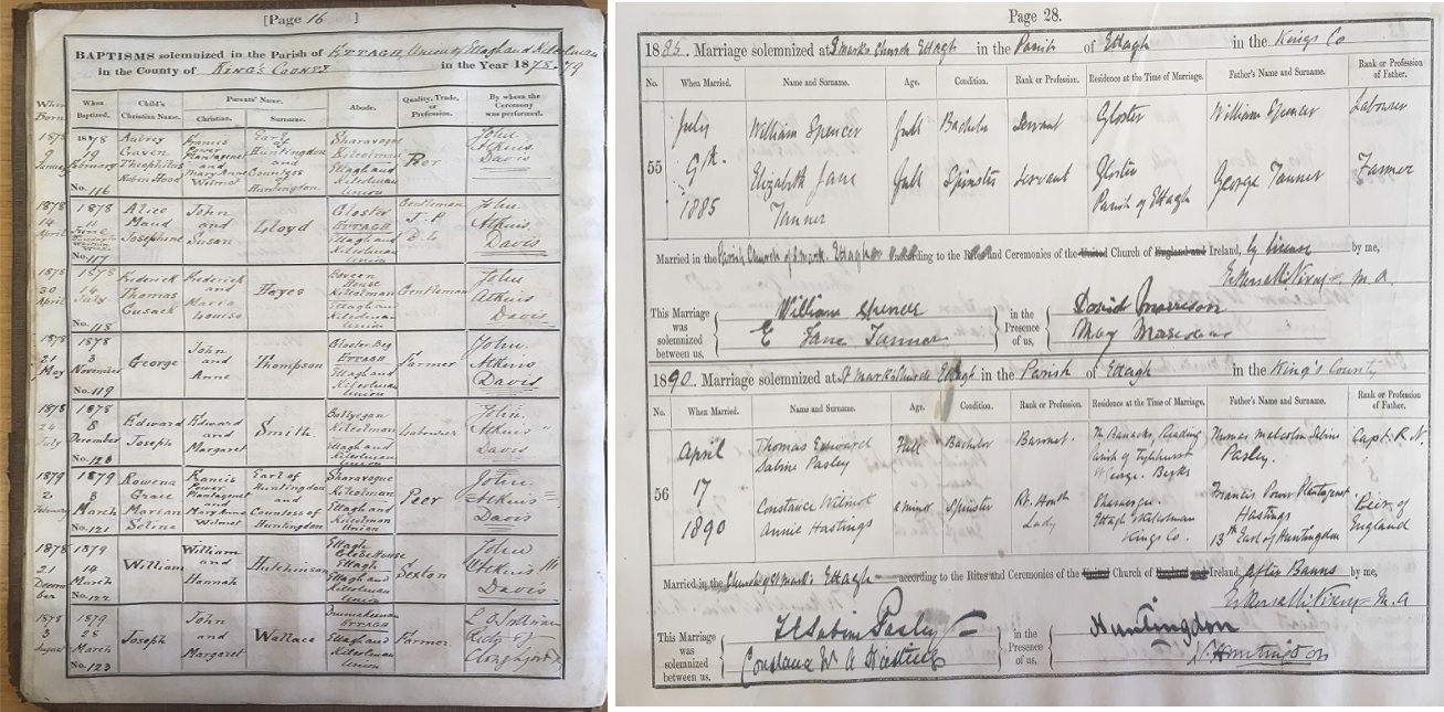 Right: Ettagh baptismal register. RCB Library  P381/1/1. Left: Ettagh marriage register. RCB Library P381/3/1. We acknowledge the permission of the General Registrars Office to include the marriage entries. All in the custody of the RCB Library