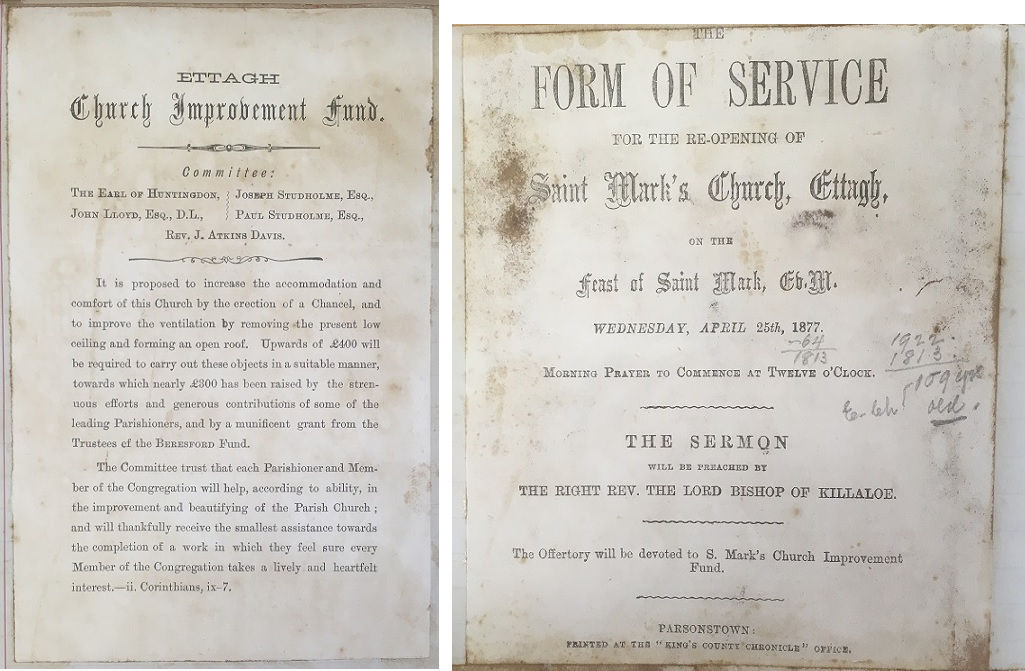 Left: Appeal – Church Improvement Fund, 1877. RCB Library, P381/5/3. Right: Rededication service, 25 April 1877. RCB P381/5/3.