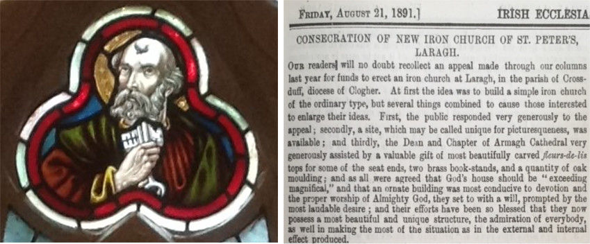 Left - Stained glass window depicting St Peter in the Tin Church at Laragh; Right - Irish Ecclesiastical Gazette, 21 August 1891