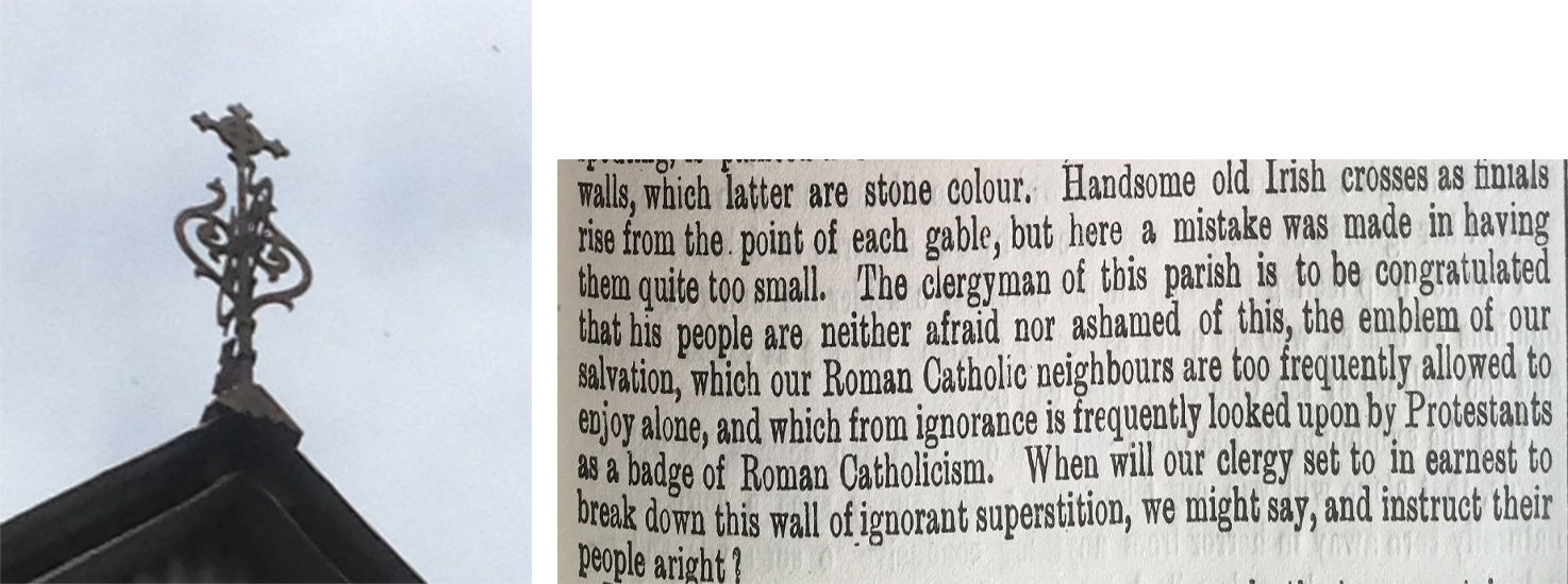 Left - Celtic cross on apex of Laragh Church; Right - Irish Ecclesiastical Gazette, 21 August 1891