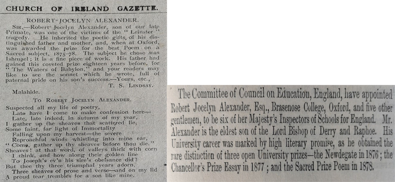Left: Church of Ireland Gazette 08 Nov. 1918; Right: Church of Ireland Gazette, 29 May 1880