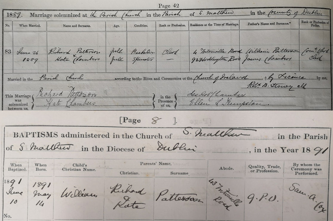 Top - Marriage of Richard Patterson, marriage register of St Matthews. RCB Library P245/3/1; Bottom - Baptism of William Patterson, eldest child of Richard Patterson, baptismal register of St Matthews, RCB Library P245/2/3