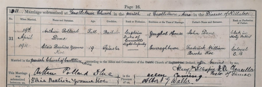 Marriage of Elsie Koe, Castletownarra marriage register. RCB Library, P769/3/1