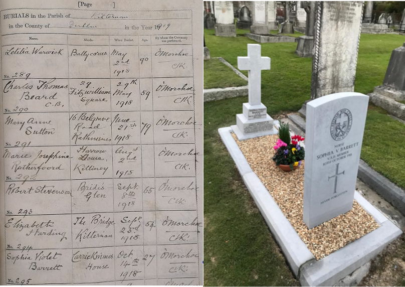 Left: Burial entry of Sophia Barrett, in the Kilternan burial register (bottom entry) RCB Library, P346/1/2. Right: There are now two headstones at the grave of Sophia Barrett, Kilternan churchyard: the original one placed by her family, and in recent months one erected by the War Graves Commission. Photo courtesy of her grand-niece, Elizabeth Armstrong