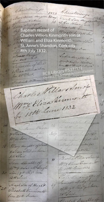 Baptism registration of Charles Villiers Kinmonth in St Anne's Shandon, 1832. RCB Library P537.1.2