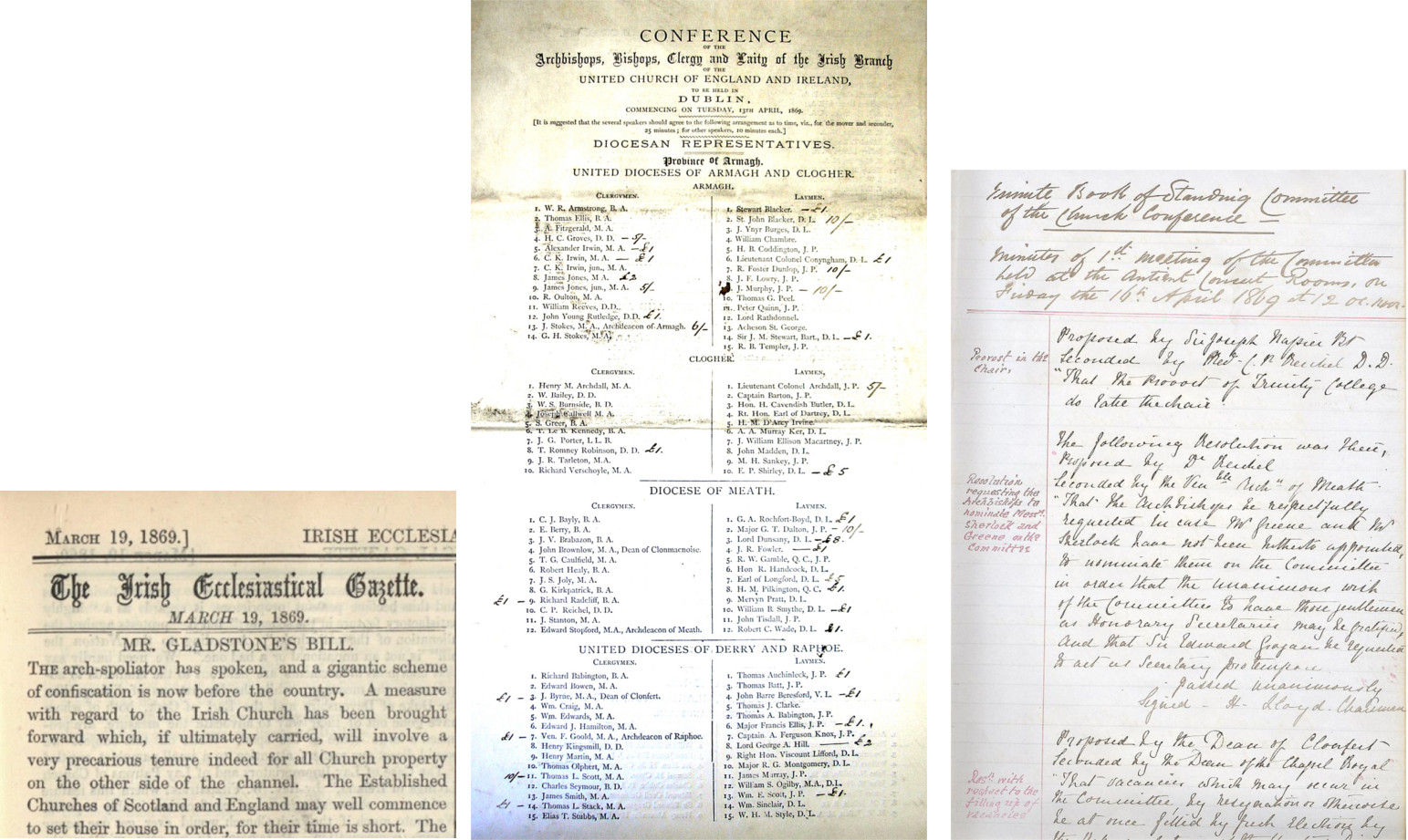 Left: Irish Ecclesiastical Gazette, 19 Mar. 1869. Centre: National Conference held April 1869. Right: Standing Committee of the National Conference.