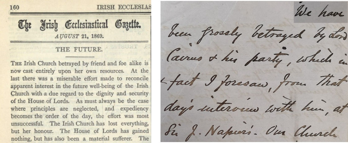Left: Irish Ecclesiastical Gazette, 21 Aug. 1869. Right: Letter from Anthony Traill to [Thomas] Greene, 29 July [1869], RCB Library, MS GC/2/5/24.