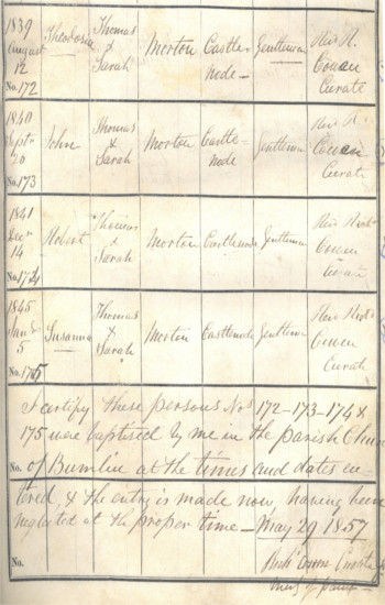 Morton family baptisms between 1839 and 1845 are recorded collectively on 29 May 1857. RCB Library P737.1.2