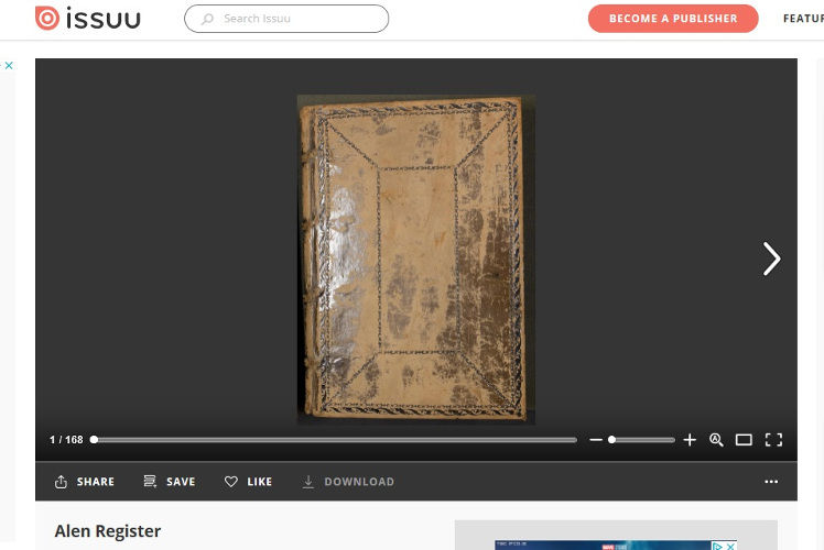 Screen shot of the digitized version of the Alen Register RCB Library D6/3
