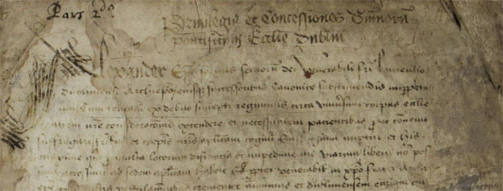The Confirmation from Pope Alexander III of the possessions of the diocese of Dublin to Alen’s predecessor Archbishop Laurence O’Toole is confirmed on folio 1 of the Register, RCB Library D6/3