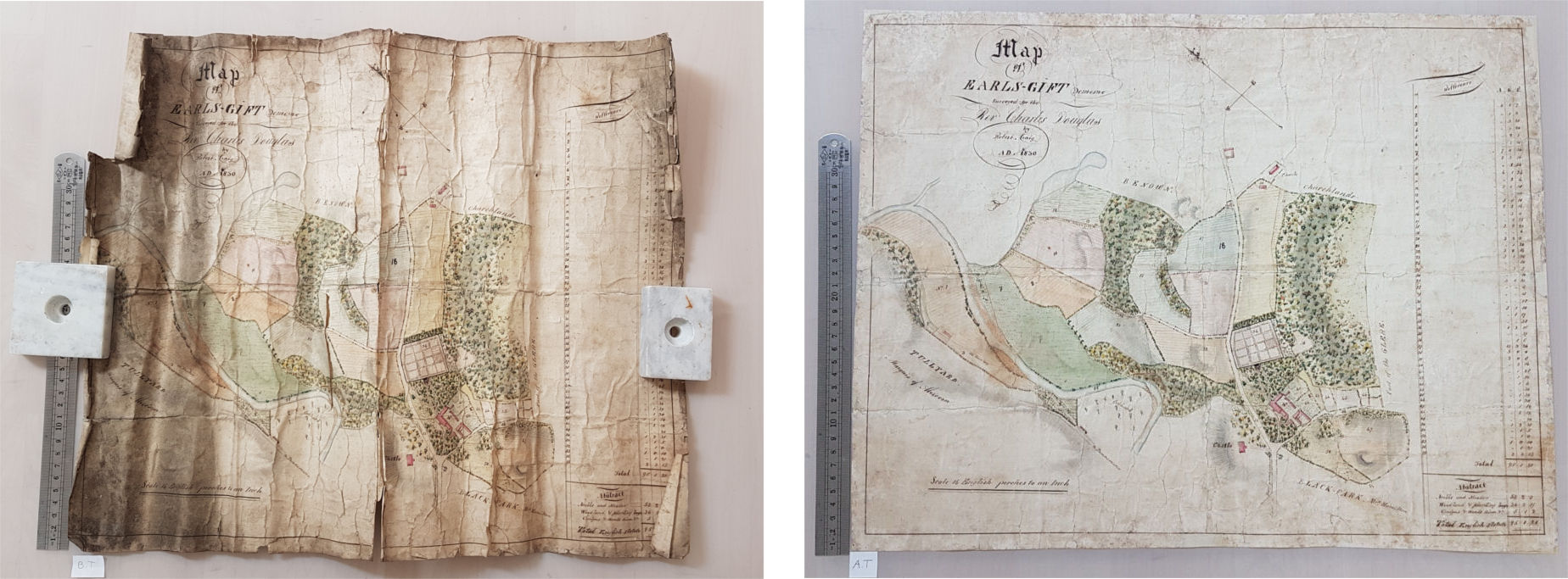 The Earl's Gift map before and after repair and conservation by Liz D'Arcy at the Paperworks Studio