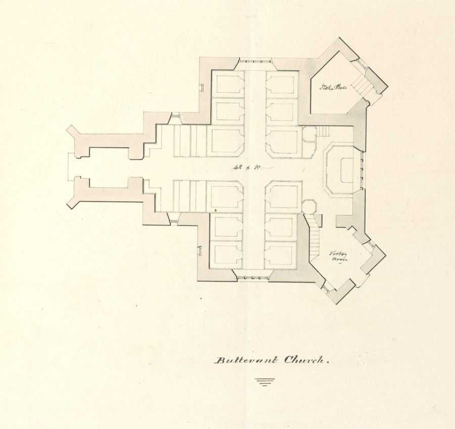 Plan of Buttevant Church - Greek Cross Plan with diagonally placed eastern vestries and west tower