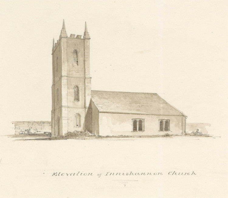 Elevation of Innishannon Church. Rebuilt in 1761, tower likely later. Rebuilt again  from 1854 by Joseph Welland