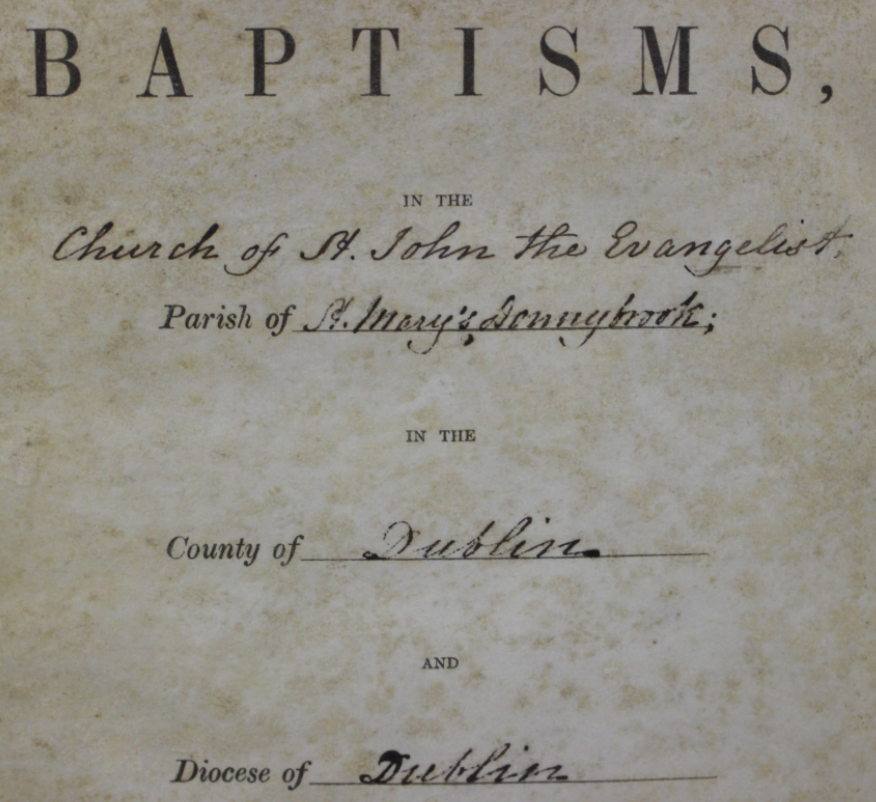 The title page of the first baptism register of St John the Evangelist, Sandymount, (RCB Library P306.02.1) recording baptisms from 1850-77. The status of the new church is clearly shown as a chapel-of-ease for the 'parish of St Mary's, Donnybrook'.