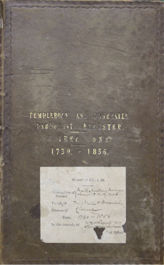 Wear and tear on the cover of the Templeroan with Doneraile combined register of commencing in 1730 also reveals (from the shelf label on the front) how this volume was returned to local custody from the Public Record Office of Ireland, prior to 1922, and thus it escaped destruction. RCB Library P899.1.1