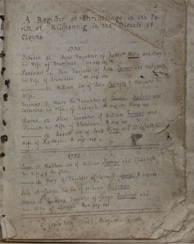 Beautiful script on the opening page of the Kilshannig combined register of baptisms, 1731-1855, marriages, 1731-1846 and burials, 1731-1940 was another important component of the extensive transfer from Mallow. RCB Library P1135.1.1
