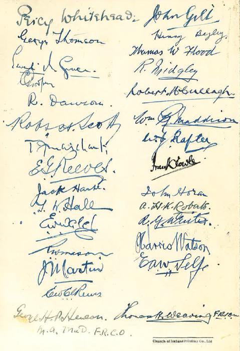 An image from the document in question, showing the signatures of the members of the cathedrals' choirs who performed in the 200th anniversary celebration of Handel's Messiah. From RCB Library C2/9/1