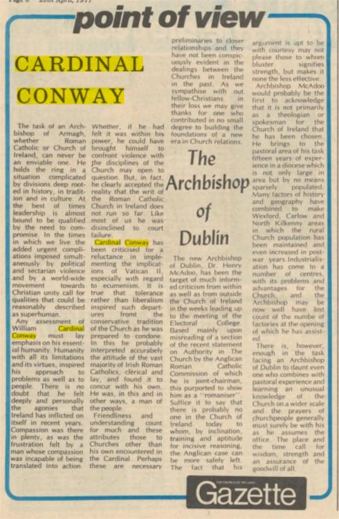 Canon John Barry (aka “Cromlyn”) provides an in-depth opinion piece on the Roman Catholic Archbishop of Dublin, Cardinal William Conway, Church of Ireland Gazette, 29 April 1977