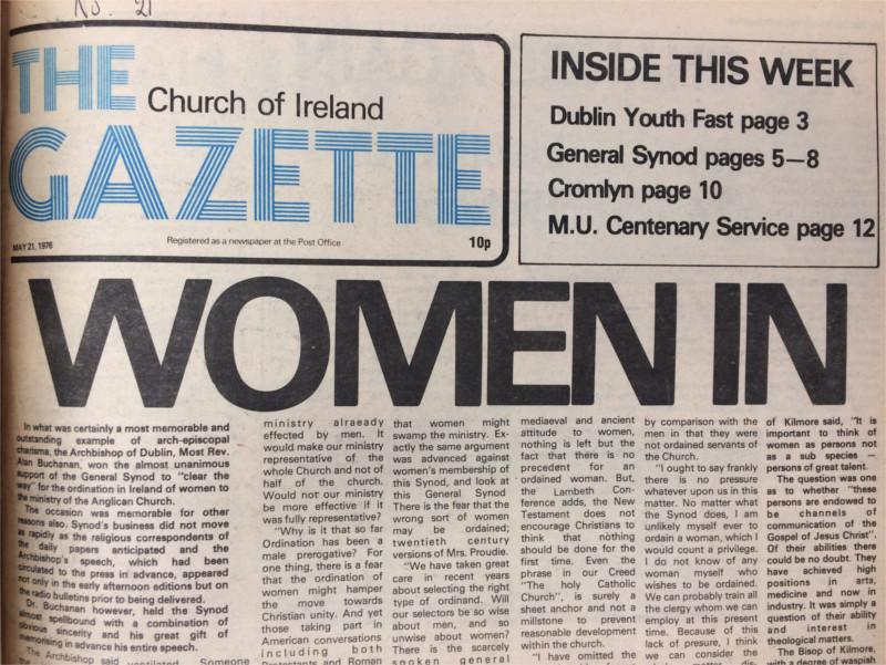 The route towards the ordination of women cleared by General Synod in 1976, Church of Ireland Gazette, 21 May 1976