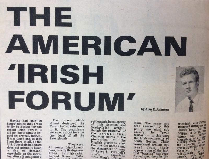 The Irish-American Forum, founded by Canon Kerry Waterston, is launched in Boston, Church of Ireland Gazette, 3 October 1975