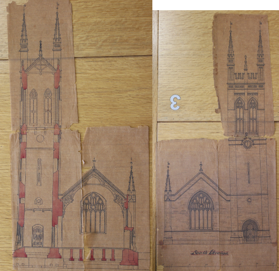 All that remains of the architectural drawings of St Barnabas are very fragile pieces. We have reconstructed some of the aspects shown. RCB Library P.0495.15.1