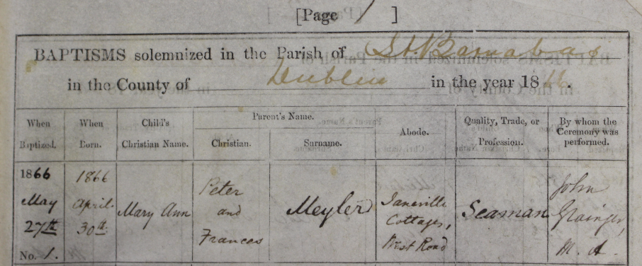 The first recorded baptism, May 27 1866, for the parish of St Barnabas, that of Mary Ann Meyler. Mary Ann's father, Peter, is recorded as a seaman, a typical occupation for parishioners of the area. The ceremony was performed by the Revd John Grainger.