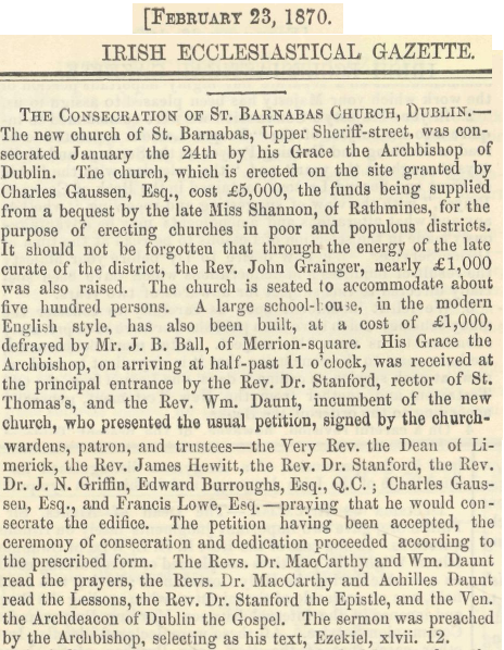 The notice from the Irish Eccelsiastical Gazette, the forerunner to the Church of Ireland Gazette on February 23, 1870 describing the consecration of St Barnabas.