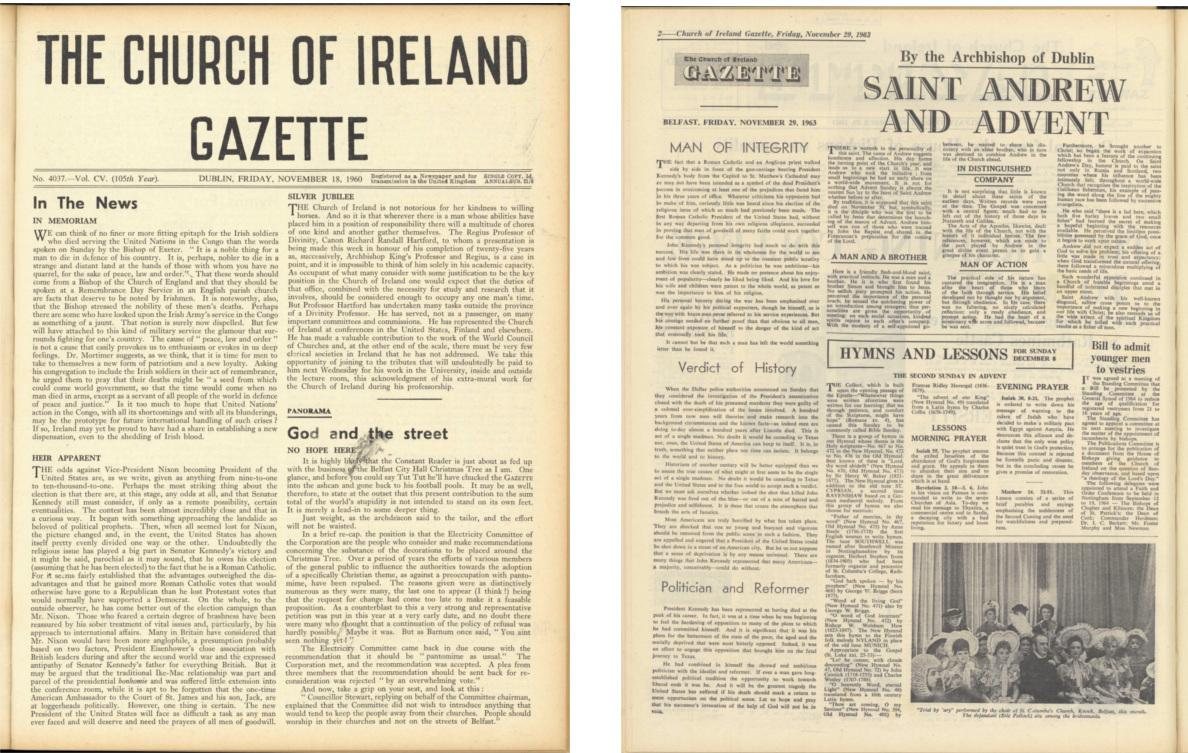 Left Church of Ireland Gazette, 18 Nov. 1960, p. 1; Right: Church of Ireland Gazette, 29 Nov. 1963, p. 2