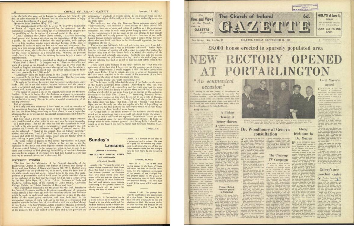 Left: Church of Ireland Gazette, 25 Jan. 1963, p.2; Right: Church of Ireland Gazette, 17 Sep. 1965, p. 1