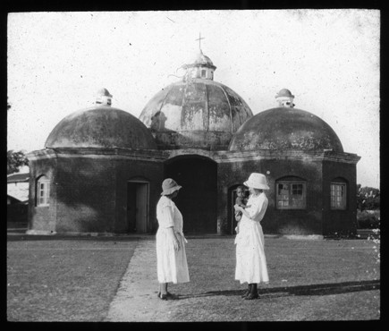 Missionaries in topi with child c.1890 at the Chota Nagpur Mission, Hazaribagh, from the India lantern slides at the Representative Church Body Library
