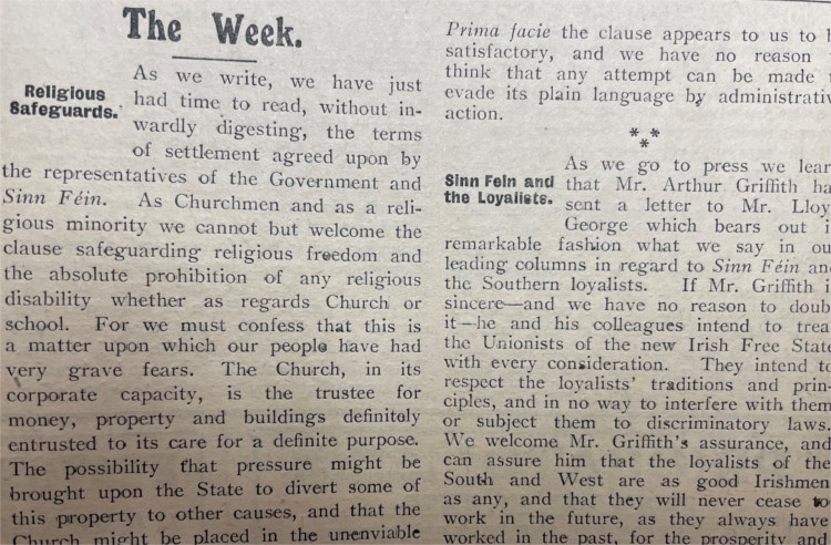Lead article Church of Ireland Gazette, 16 December 1921