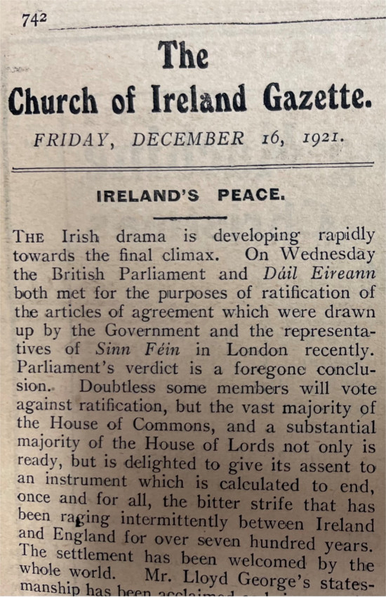 ‘Ireland's Peace', Church of Ireland Gazette, 16 December 1921