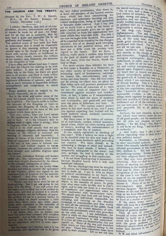‘The Church and the Treaty', sermon preached in Raheny parish church, Dublin, 11 December 2021, Church of Ireland Gazette, 16 December 1921